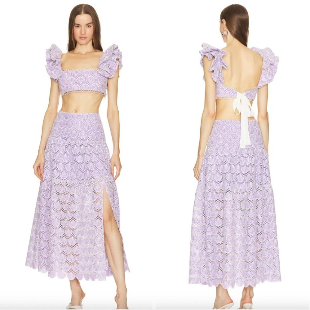EUC $286 Saylor Purple Crochet Embroidered Rogue Crop Top Skirt Set